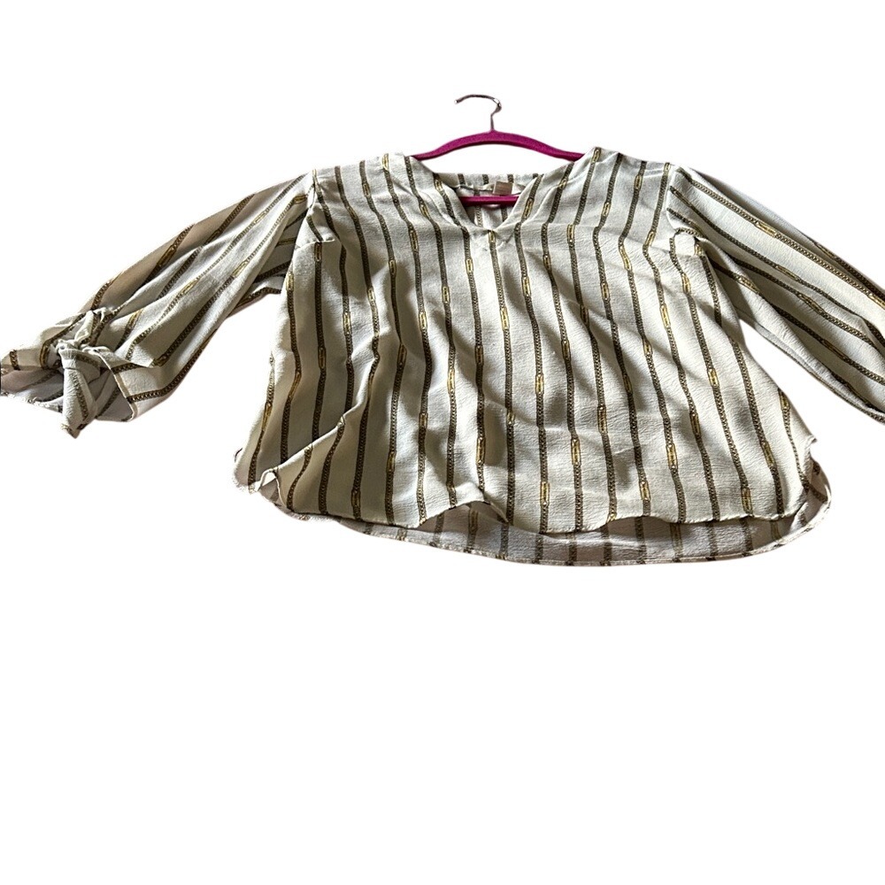 MICHAEL KORS Women's White‎ Gold Chain Print V Neck 3/4 Sleeve Blouse Size M